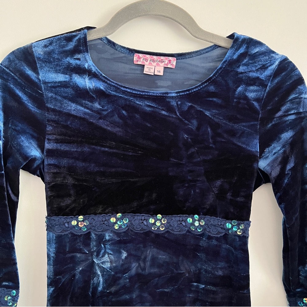 Y2K Whimsy Goth Navy Blue Velvet Maxi Dress Bell Sleeve Girls Size 14 Witchy - Picture 4 of 10